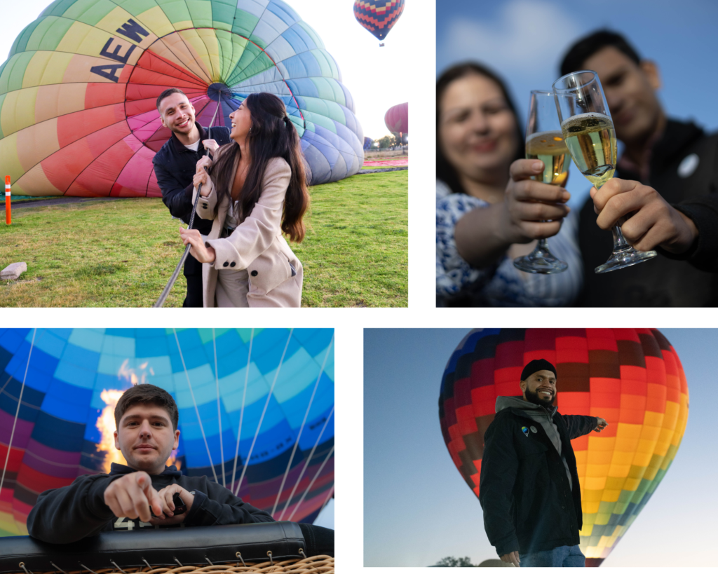 Pasajeros disfrutando vuelo en globo en Teotihuacán