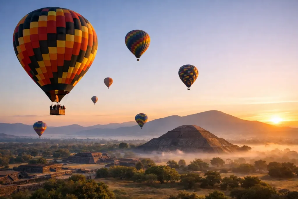 Vuelo globo grupos en Teotihuacán al amanecer