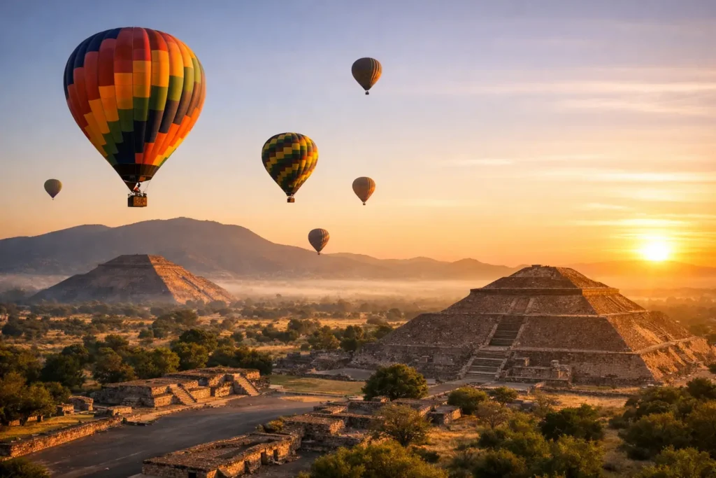 Globos aerostáticos sobre Teotihuacán al amanecer
