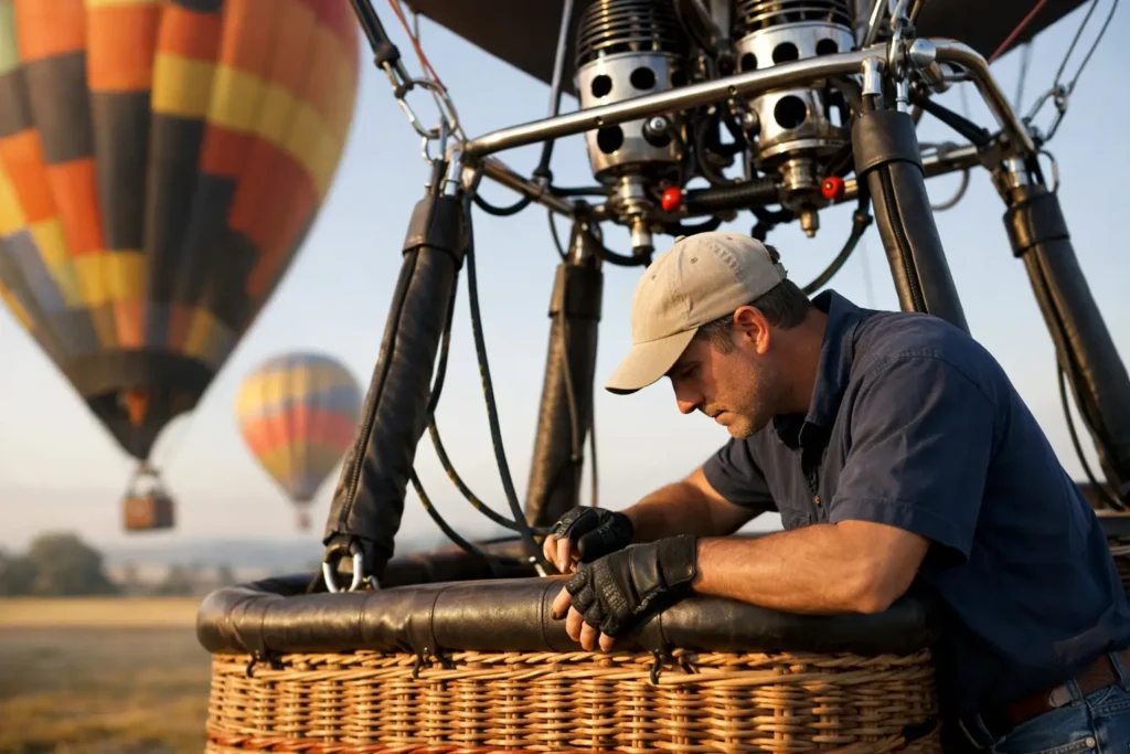 Inspección de canasta aerostática antes de volar